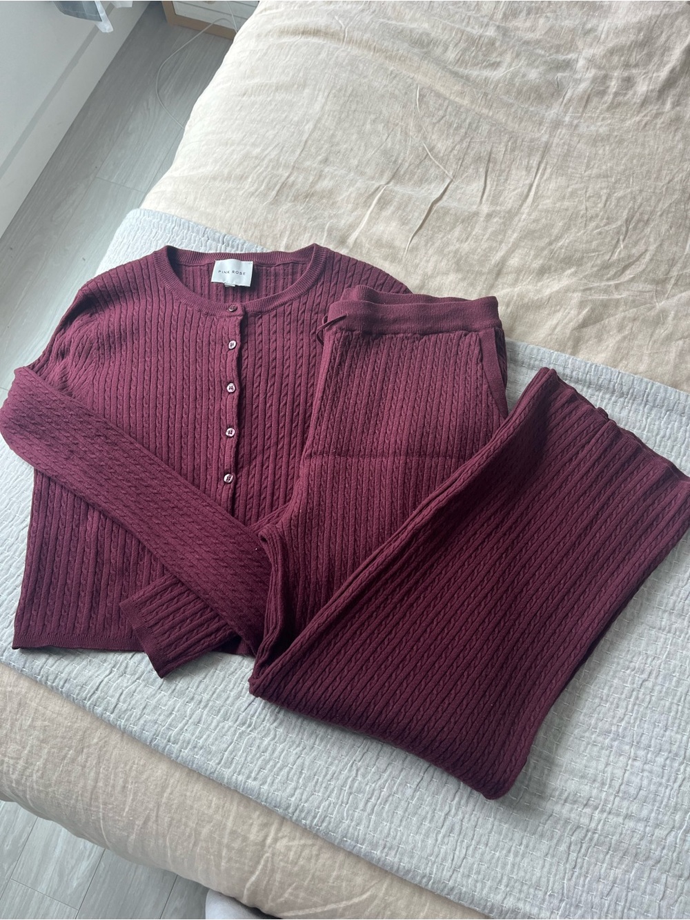 Pink Rose Burgundy Cable Knit Button Cardigan Set